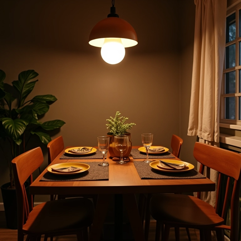 Iluminação criando clima aconchegante em sala de jantar pequena.