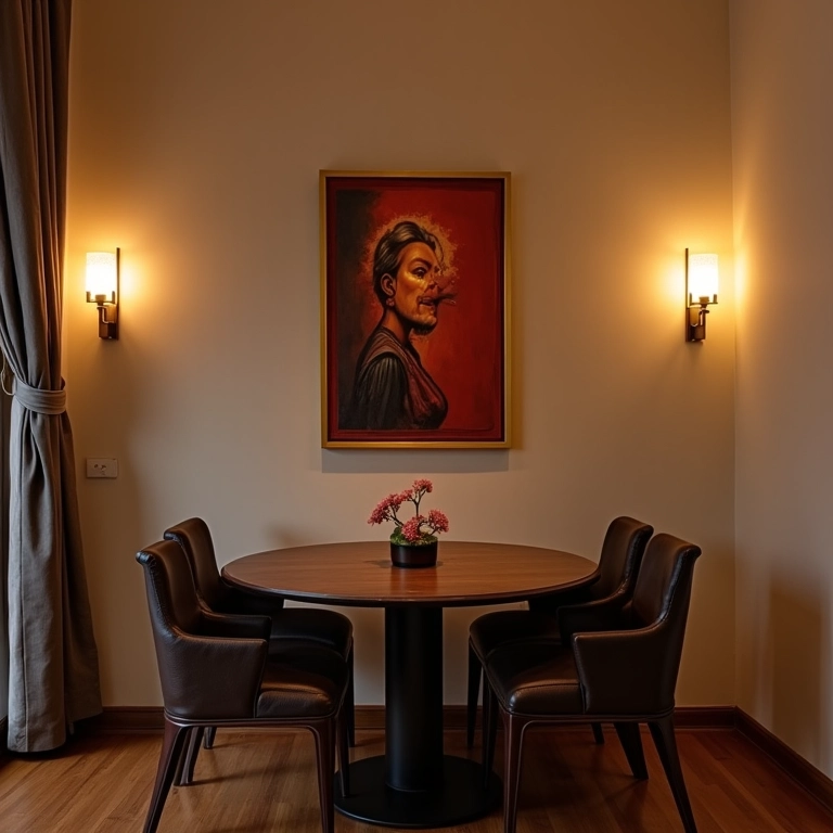 Iluminação de destaque em sala de jantar pequena e moderna.