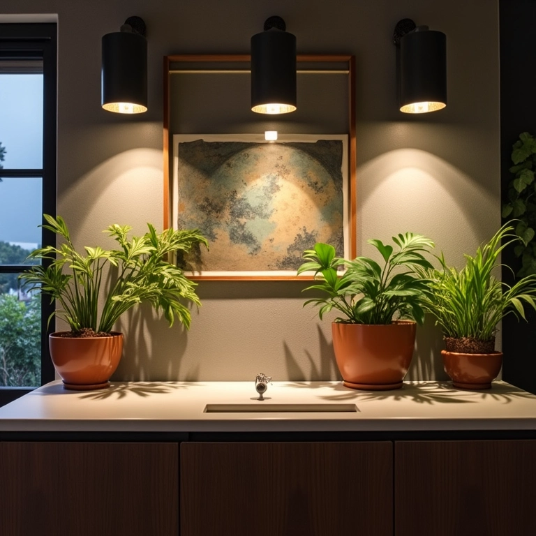 Iluminação de destaque valorizando a decoração da cozinha.
