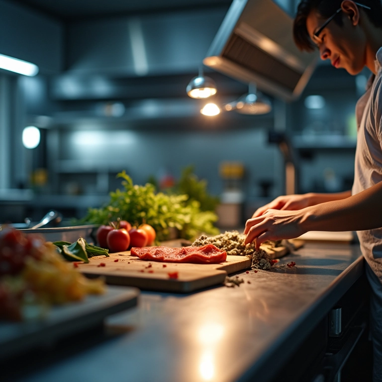 Iluminação de tarefa focada na área de preparo de alimentos.