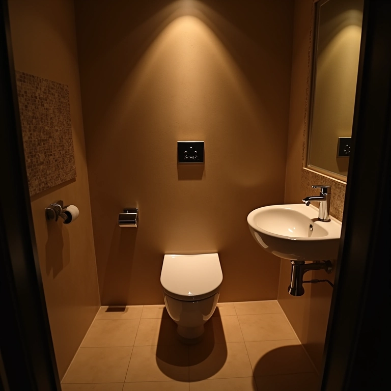 Iluminação estratégica criando um ambiente acolhedor em um lavabo pequeno.
