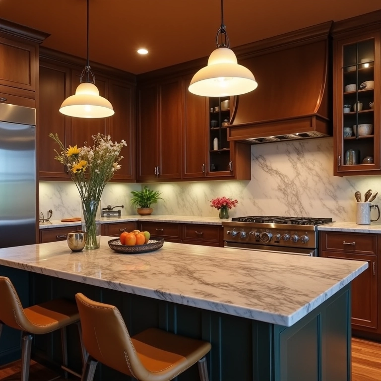 Iluminação estratégica em cozinha americana com sala integrada.