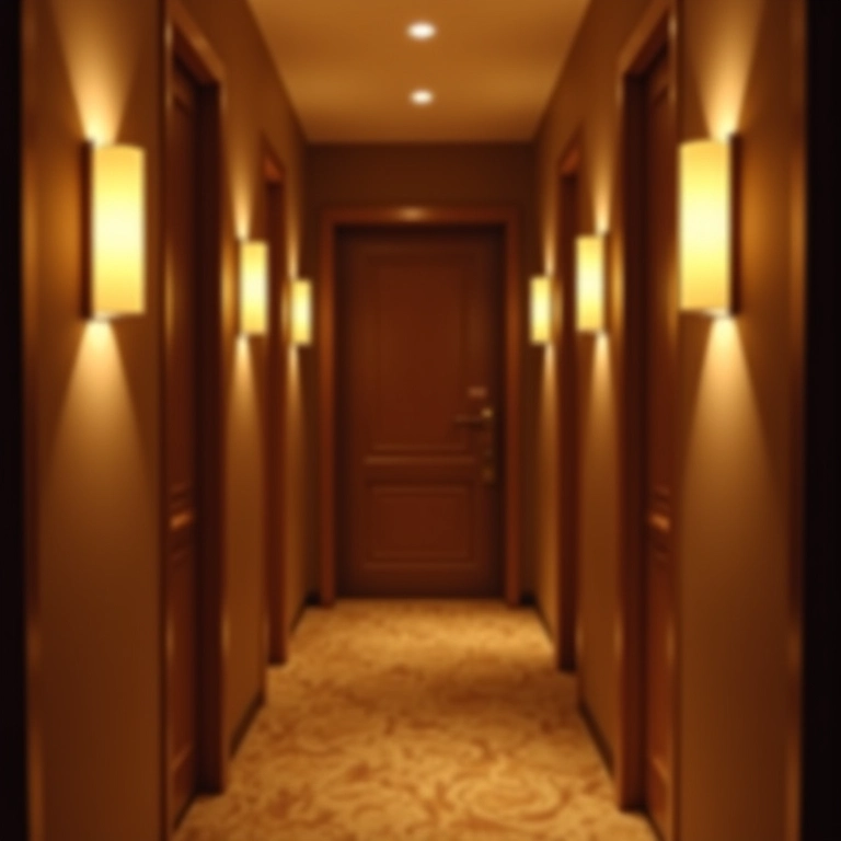 Iluminação estratégica valorizando um corredor estreito.