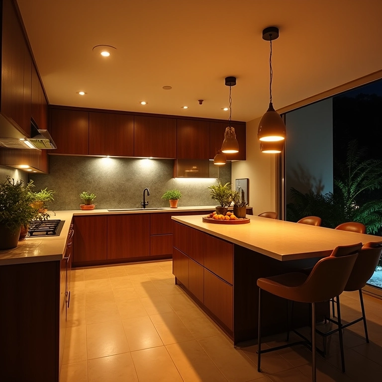 Iluminação geral suave e convidativa em cozinha americana.