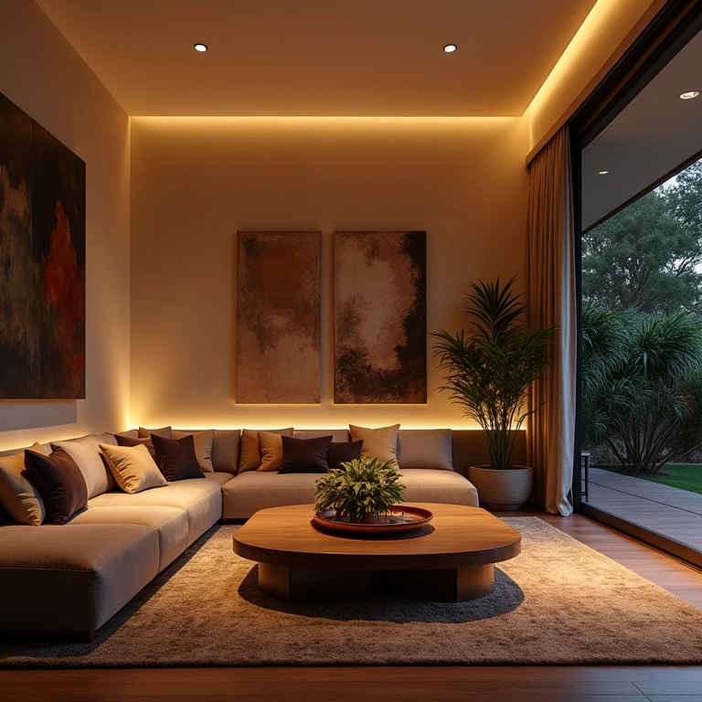 Iluminação geral suave em sala de estar com decoração brasileira.