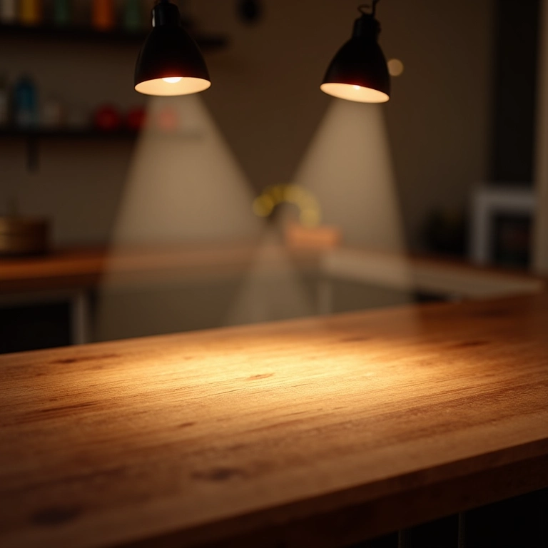 Iluminação ideal para valorizar bancada de madeira.