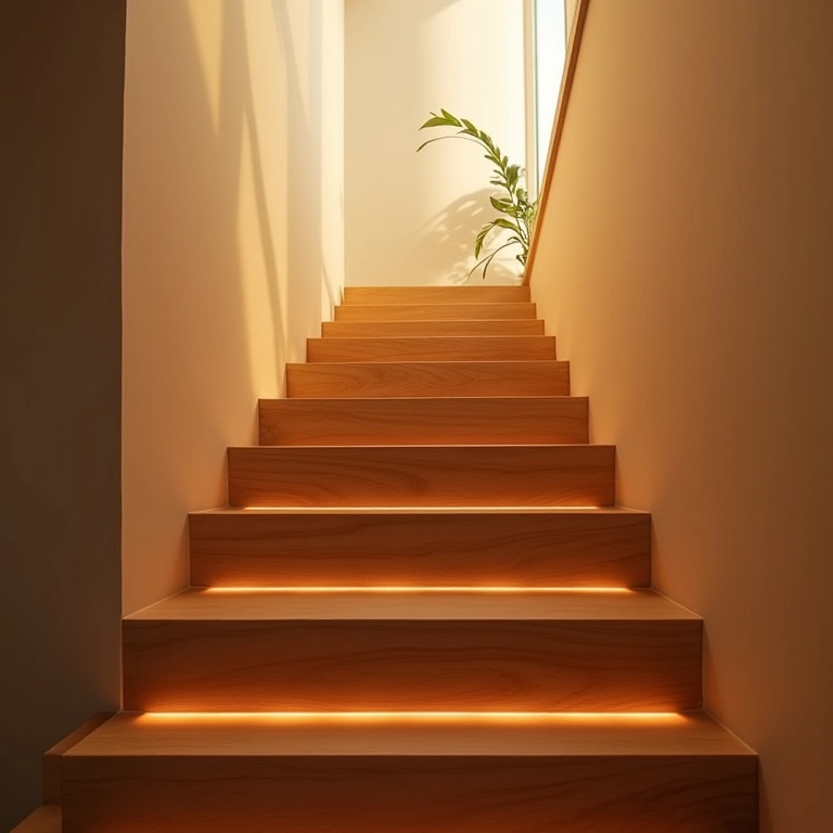 Iluminação indireta embutida nos degraus de uma escada, criando um ambiente acolhedor.