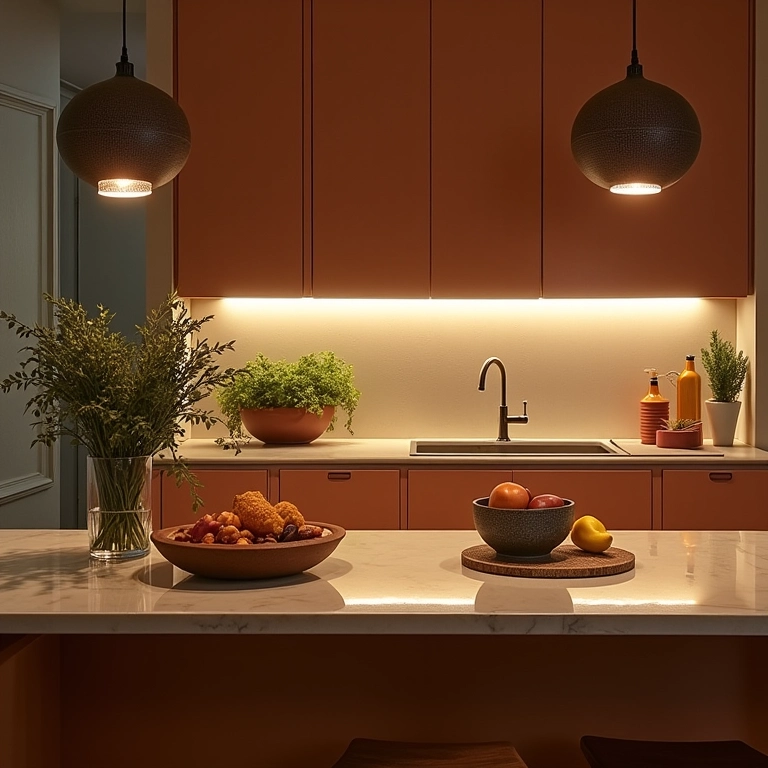 Iluminação integrada à decoração da cozinha americana.