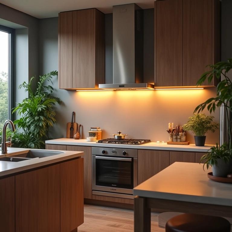 Iluminação inteligente na cozinha com cores de luz ajustáveis e design moderno.