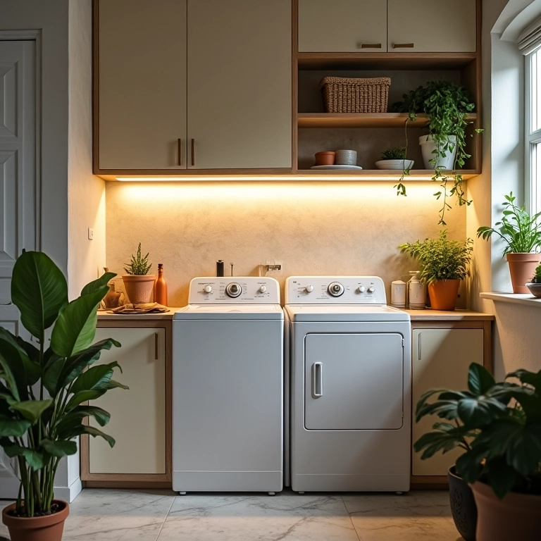 Iluminação otimizada em lavanderia pequena.