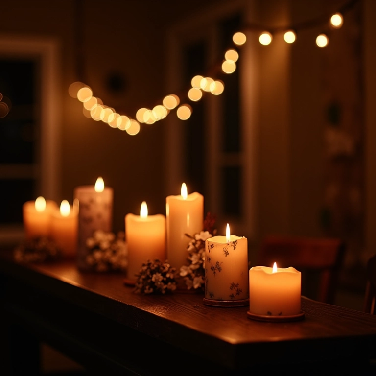 Iluminação rústica de casamento com luzes e velas.