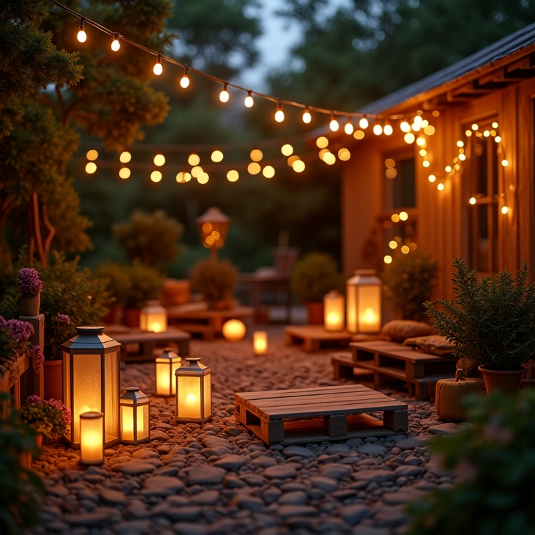 Iluminação suave com pallets, criando um ambiente aconchegante na varanda.