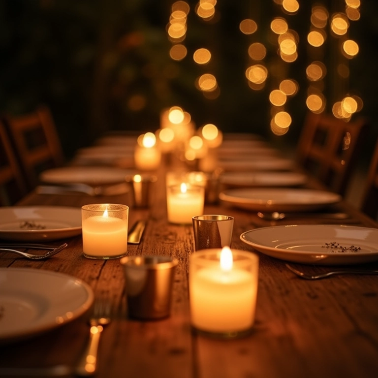 Iluminação suave com velas e luzes em mesa de casamento romântica.