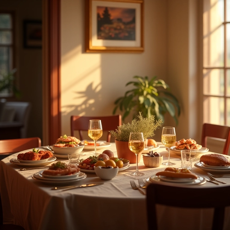 Iluminação suave criando um clima acolhedor na mesa de jantar.