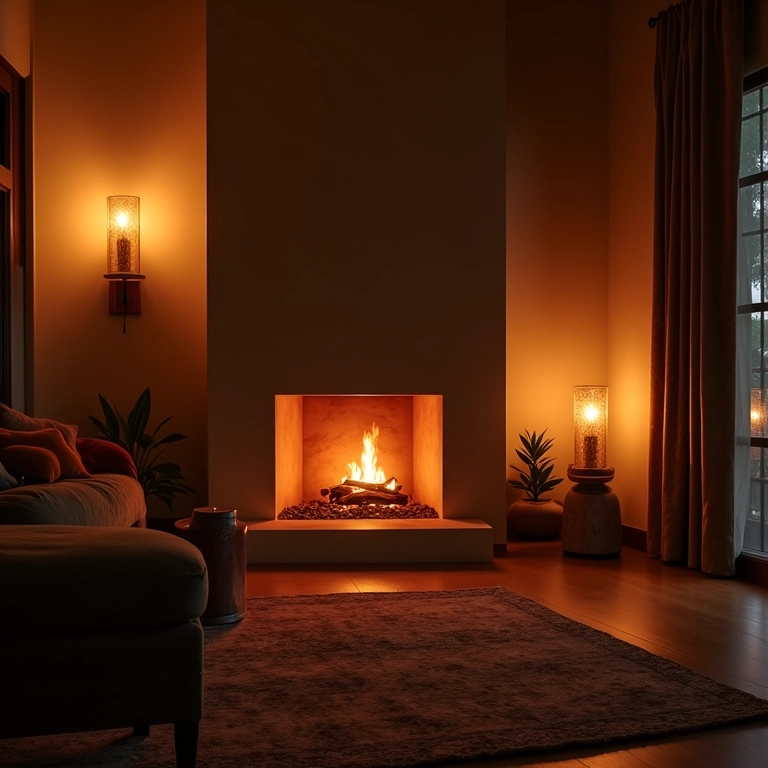 Iluminação suave realçando uma lareira em uma casa brasileira aconchegante.