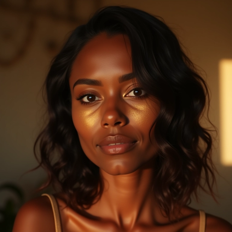 Iluminador dourado em pele morena.