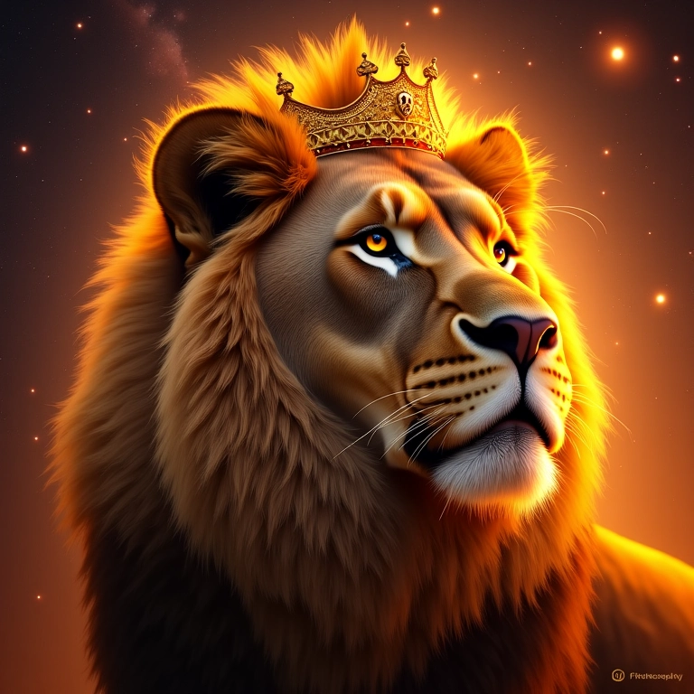 Ilustração majestosa do signo de Leão, com um leão e uma coroa dourada.