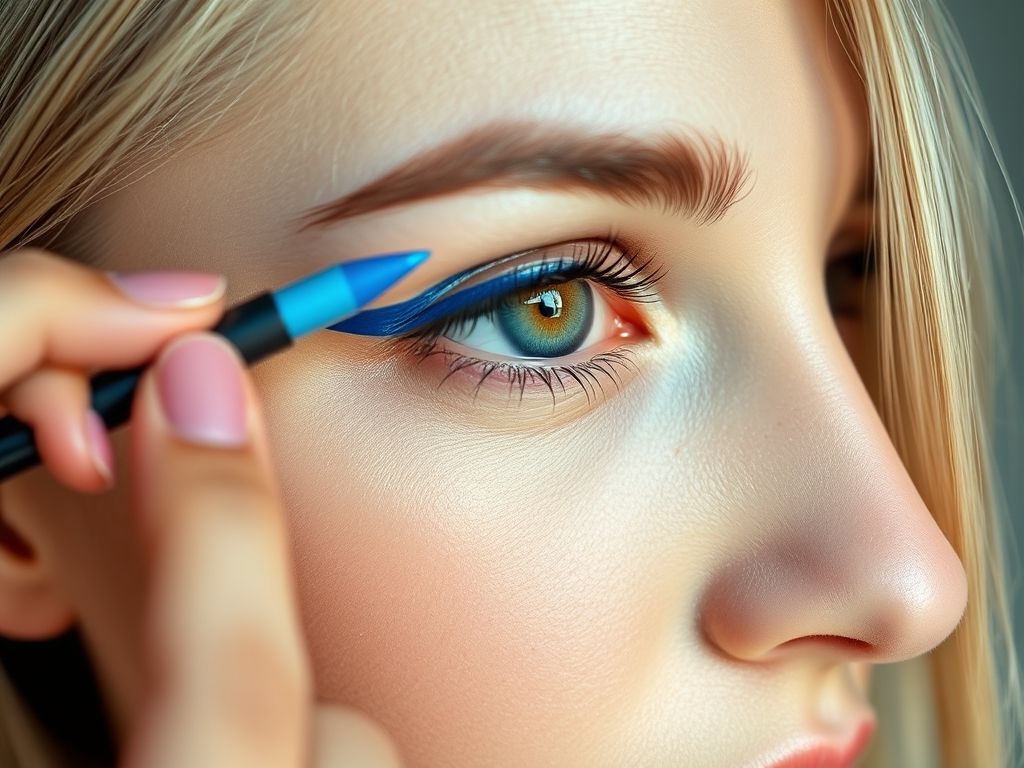 Mulher aplicando lápis de olho azul na linha d