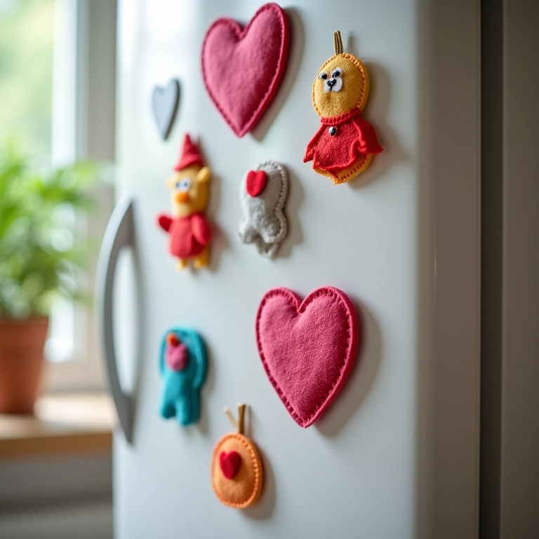 Ímãs de geladeira de feltro com designs divertidos.