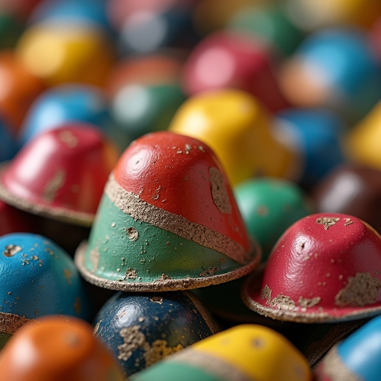 Ímãs de geladeira divertidos feitos de cápsulas de café pintadas.