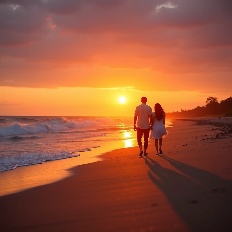 Imbituba beach, sunset, pousada near the ocean. Couple walking on the beach. Natural lighting, Pousada próxima à praia em Imbituba, ideal para relaxar.