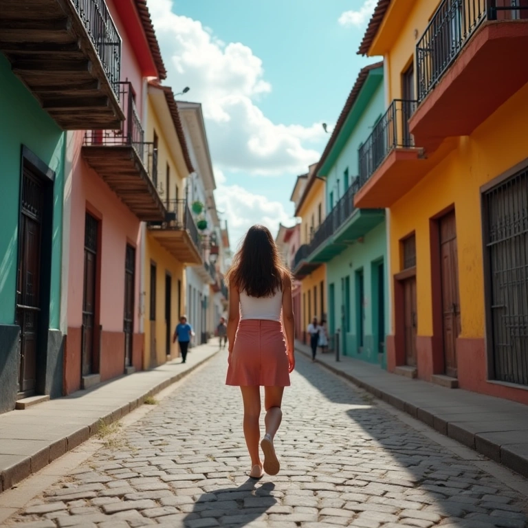 Imbituba city center, woman walking past shops, colorful buildings. Street scene, Brazilian vibe. Centro de Imbituba, comércios e praticidade para o turista.