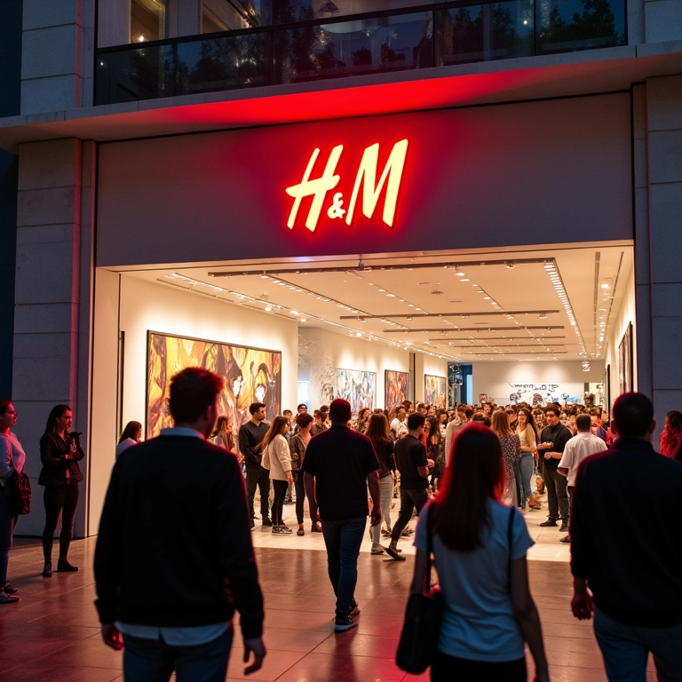 Inauguração da H&M no Brasil: multidão diversificada e fachada moderna.