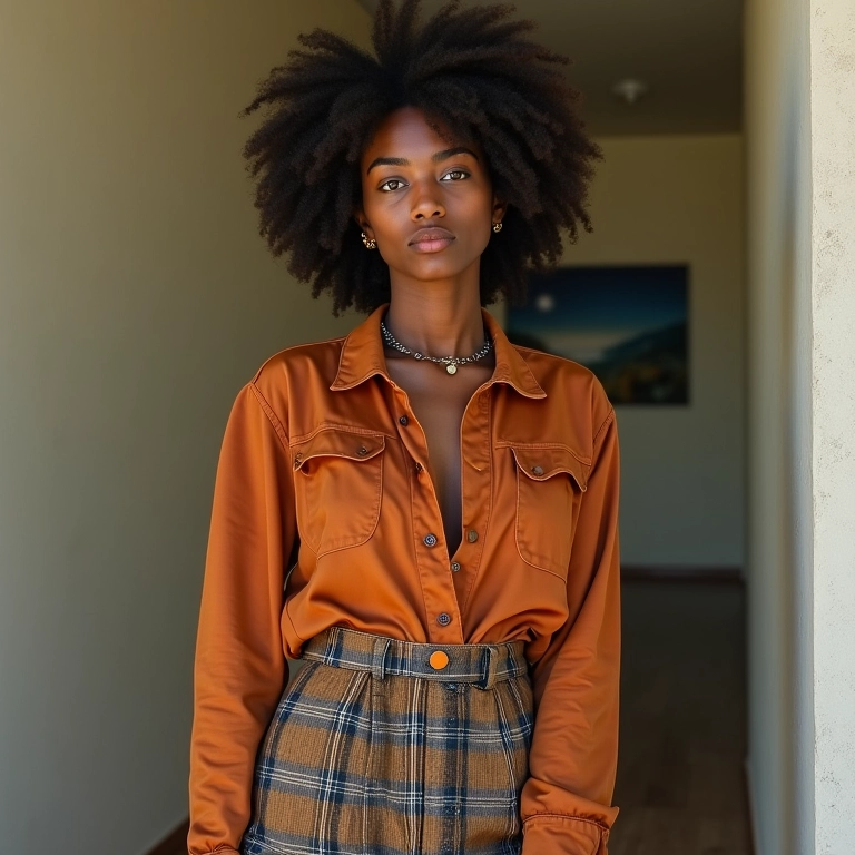 Indivíduo brasileiro expressando seu estilo único através da roupa, exibindo uma mistura de peças vintage e modernas.