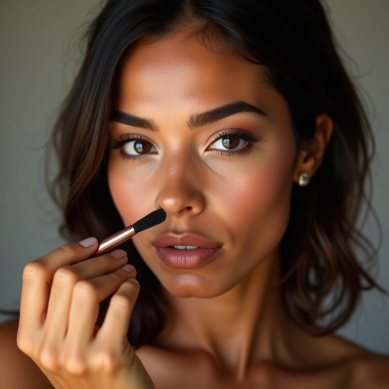 Influenciadora digital usando maquiagem hipoalergênica.