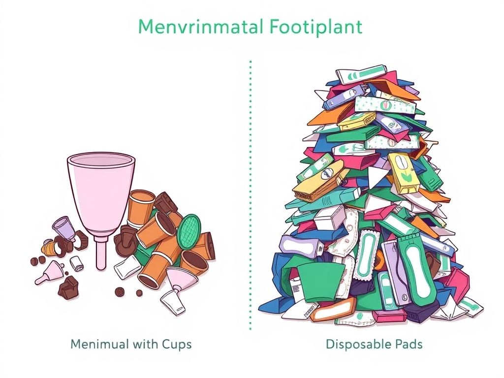 Infográfico comparando o impacto ambiental do uso de coletores menstruais versus absorventes descartáveis.