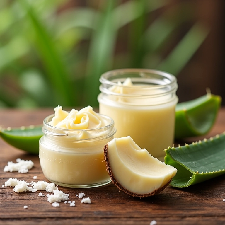 Ingredientes naturais para cremes de cabelo ondulado: karité, coco, aloe vera.
