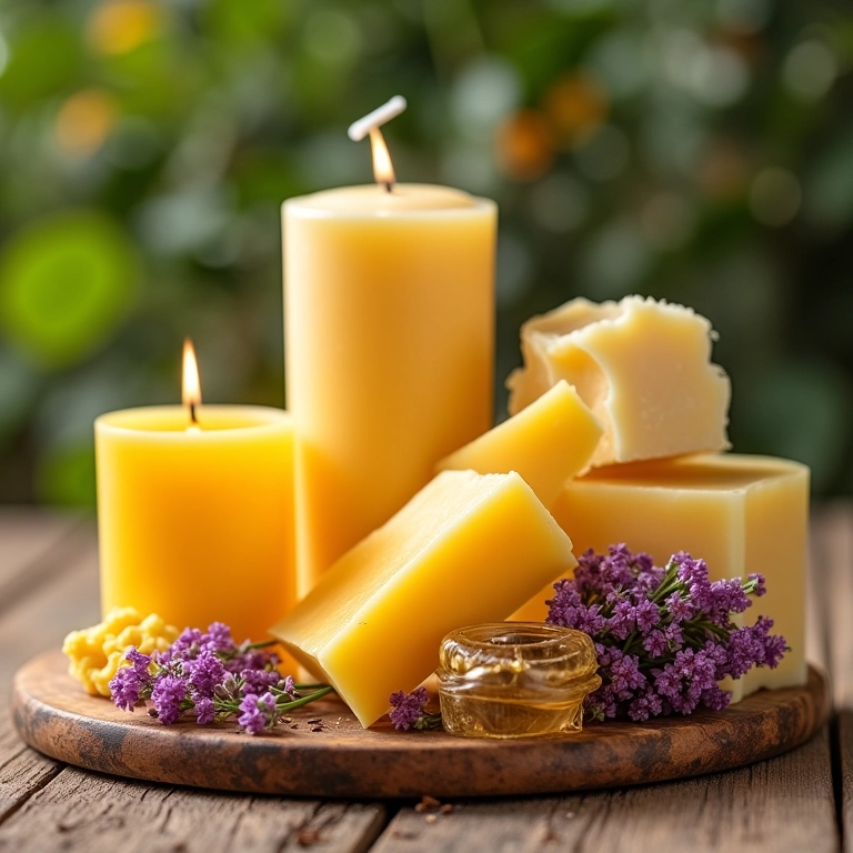 Ingredientes naturais para velas de massagem: cera de abelha, manteiga de karité, flores secas e óleos essenciais.