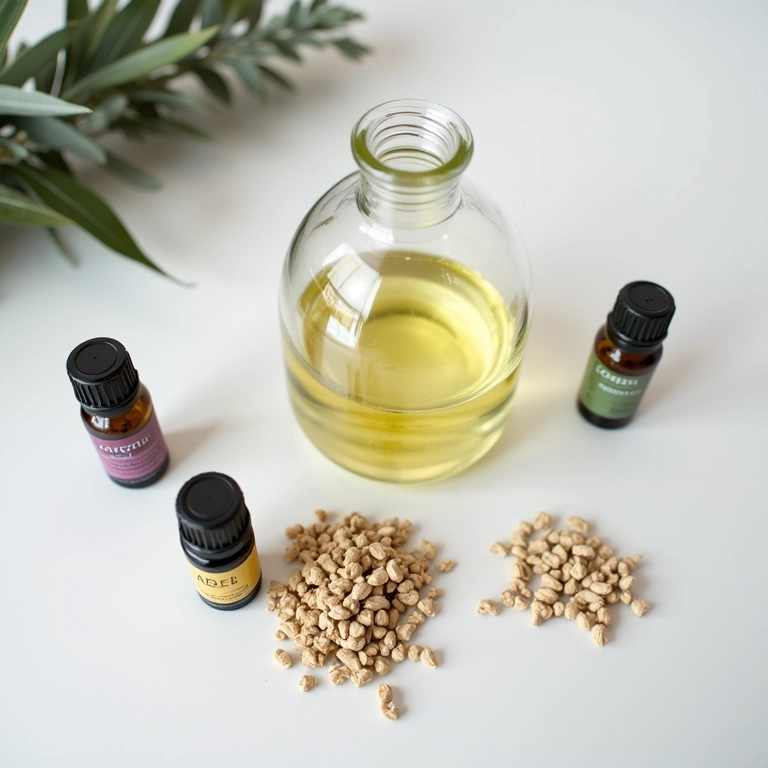 Ingredientes para receita básica de aromatizador de varetas: óleos essenciais, óleo base, varetas e frasco de vidro.