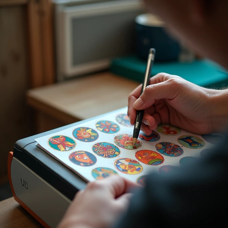 Inkjet printer close-up, vibrant colors, artisan hands crafting personalized stickers, natural Impressora jato de tinta imprimindo etiquetas coloridas para artesanato.