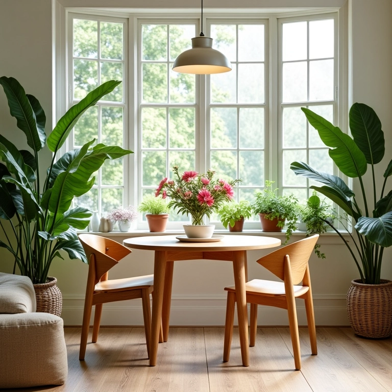 Integração da natureza com plantas em sala de jantar.