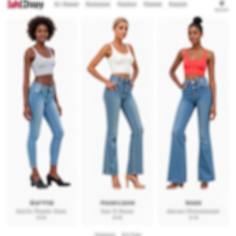 Interface de loja online com opções de calças de cintura baixa.