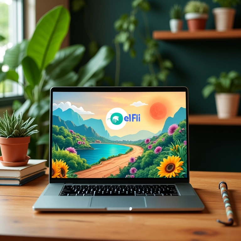 Interface de plataforma DeFi em um laptop com decoração brasileira.