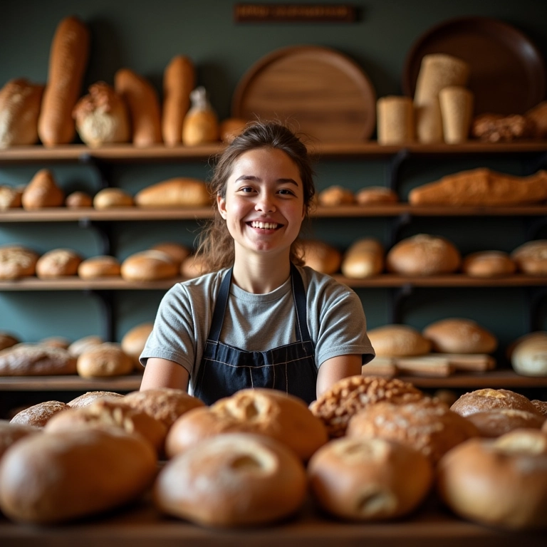 Interior acolhedor de uma padaria artesanal com pães e doces.