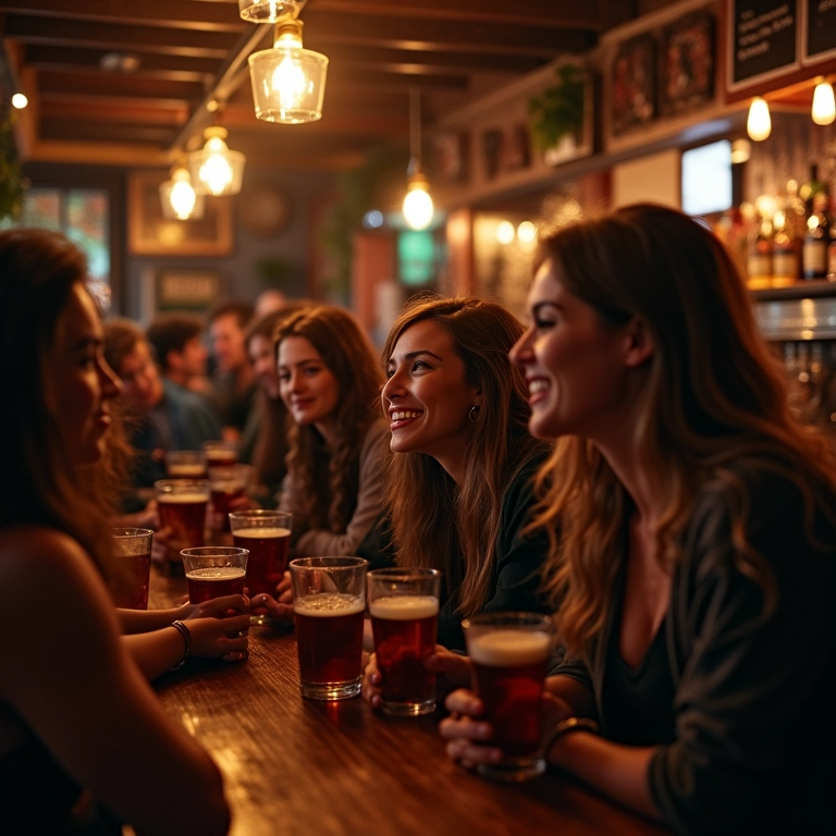 Interior aconchegante de um pub irlandês, mulheres sorrindo e bebendo, música ao vivo ao fundo.
