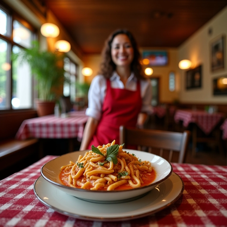 Interior aconchegante de uma trattoria na Toscana com prato de massa.