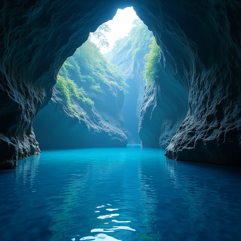 Interior da Gruta do Lago Azul, Bonito MS, com suas águas azuis impressionantes.
