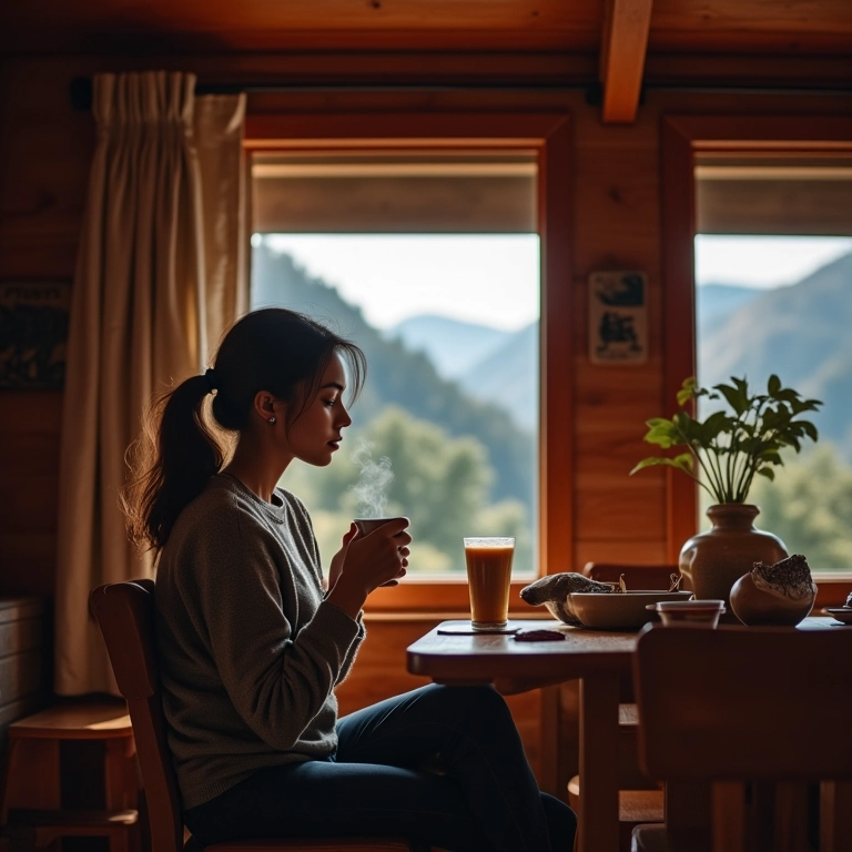 Interior de chalé aconchegante em Monte Verde, Minas Gerais, com vista para as montanhas.
