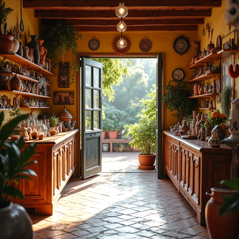 Interior de loja de artesanato acolhedora, com luz natural e decoração vibrante.
