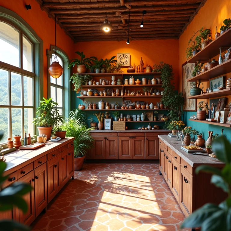 Interior de loja física de artesanato com cores vibrantes e layout atraente.