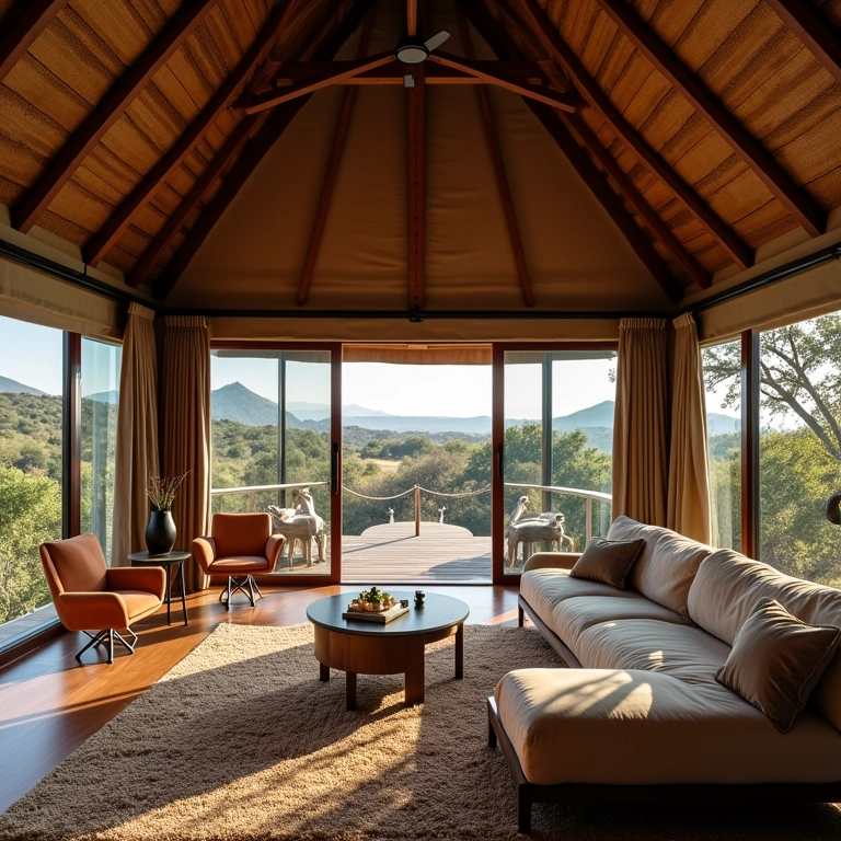 Interior de um lodge de safári de luxo com móveis confortáveis.