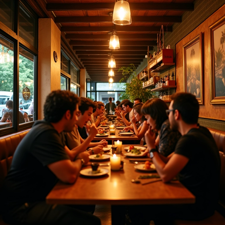 Interior do restaurante Manioca em São Paulo com pessoas.