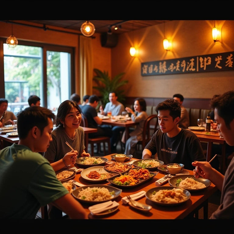 Interior do Rong He Restaurante, mostrando pratos chineses autênticos e clientes diversos.