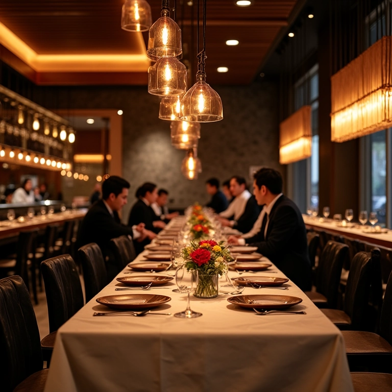 Interior moderno do restaurante Mr. Lam, com culinária chinesa sofisticada.