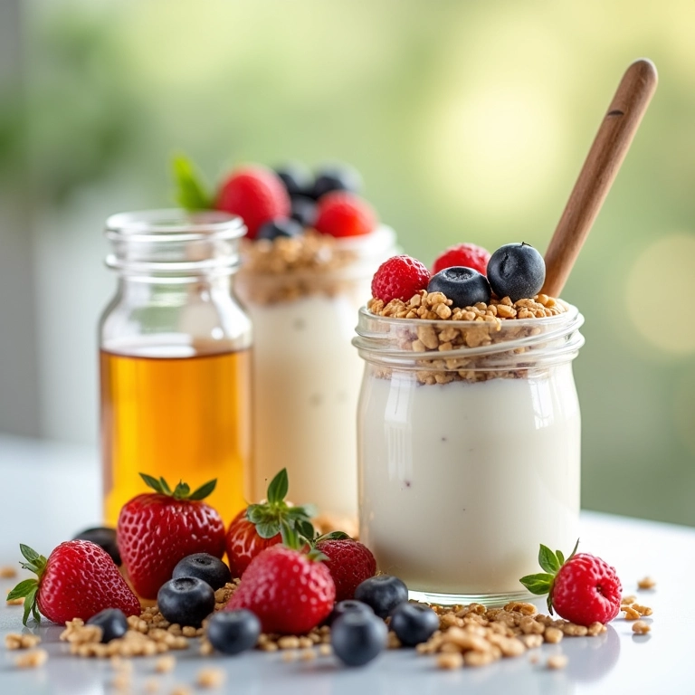 Iogurtes e cereais com granola, frutas vermelhas e mel em potes de vidro.