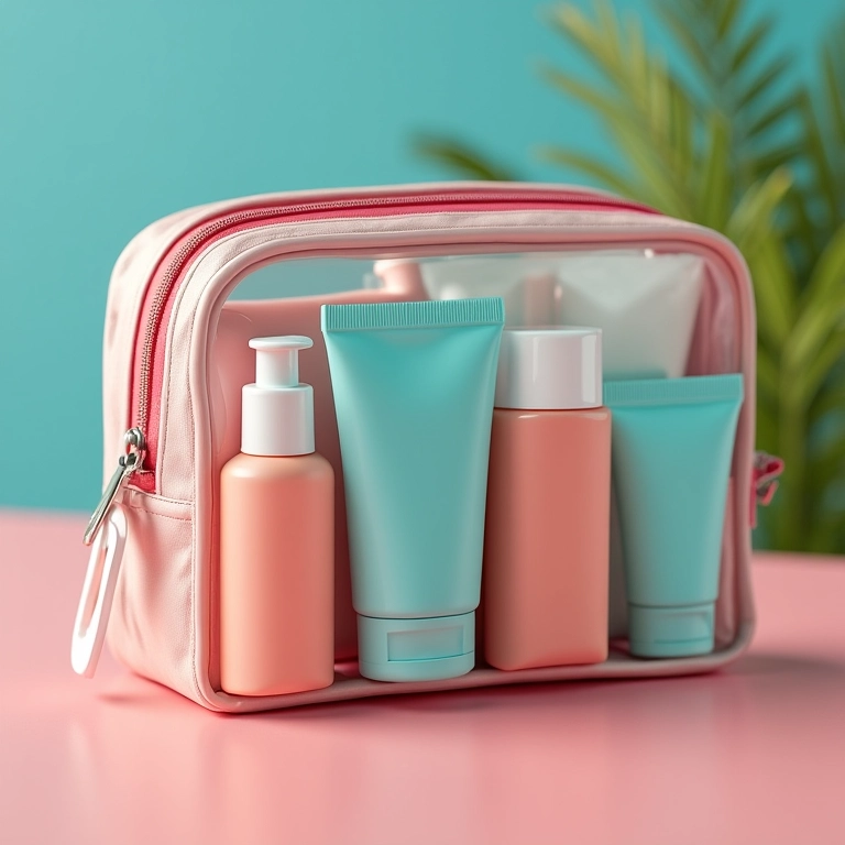 Itens de higiene pessoal em tamanho viagem organizados em necessaire transparente.